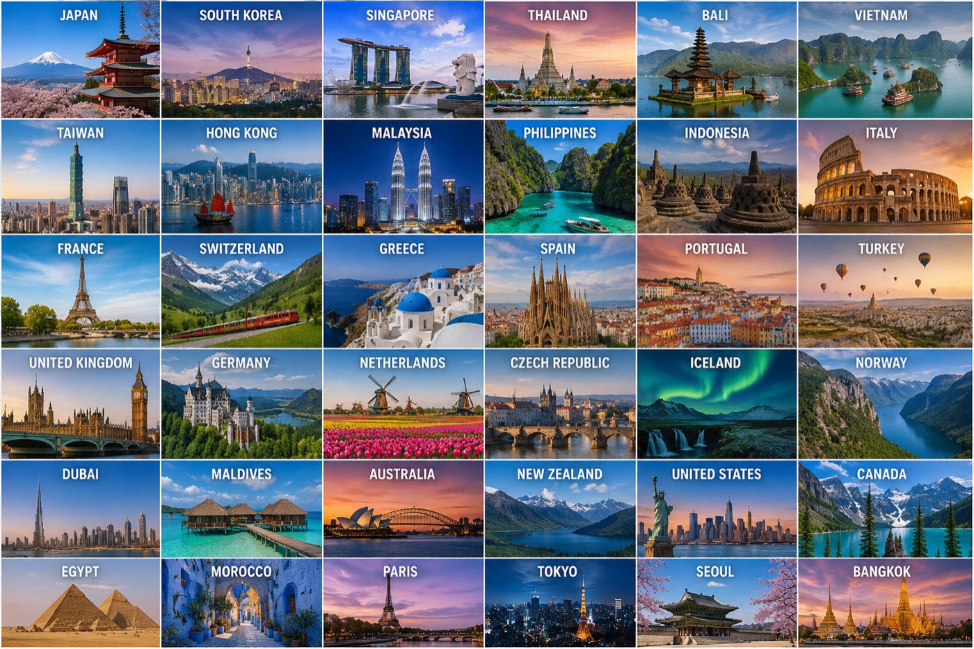 Collage of international destinations for free AI trip planner guidance